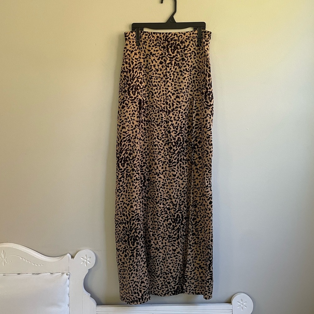 BLACK BROWN LEOPARD PRINT MAXI SKIRT BIGH WAIST ZIPPER DOUBLE SLIT FRONT PANEL - Picture 3 of 11